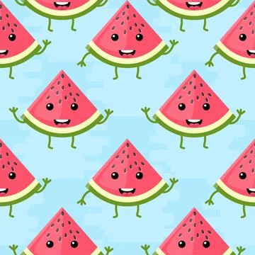 Seamless pattern kawaii watermelon slice. Vector summer background Stock Illustration