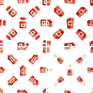 Seamless pattern with ketchup bottles, jars and sachets showing different Illustrazione stock