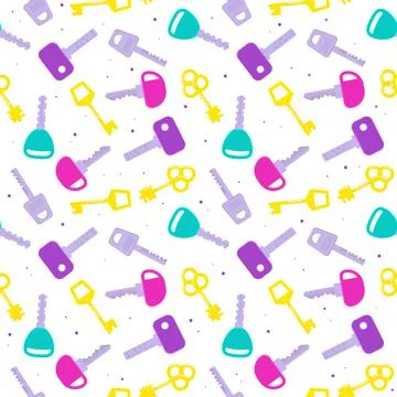 Seamless pattern keys. Cartoon flat colored keys background, decorative metal Stock Illustration