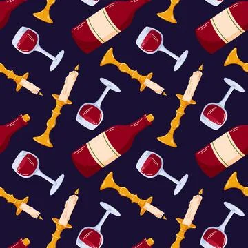 Seamless pattern with kiddush wine bottle, glass and candle on dark purple Stock Illustration