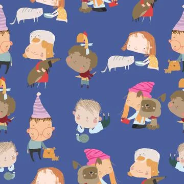 Seamless Pattern with Kids and Pets on Blue Background Stock Illustration