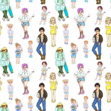 Seamless pattern of kids and teens of various age Illustrazione stock