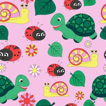 Seamless pattern for kids with animals. Turtle, ladybug and snail. Stock Illustration