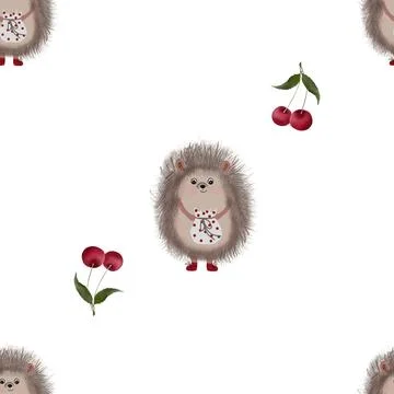 Seamless pattern for kids with cute hedgehog and red cherries. repeating pattern Stock Illustration