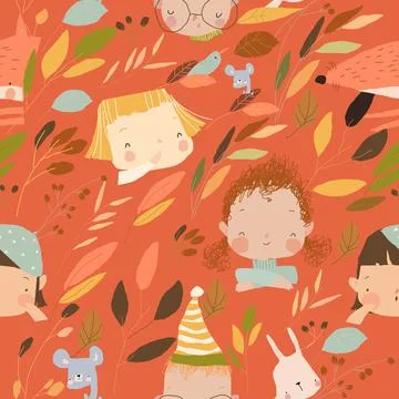 Seamless Pattern with Kids Faces and Animals in Autumn Colorful Plants Illustrazione stock