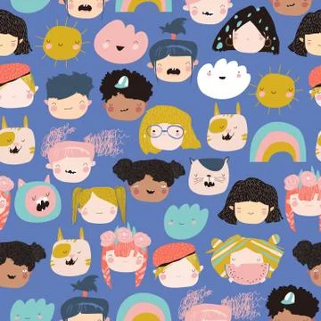 Seamless pattern of kids faces on a white background Stock Illustration
