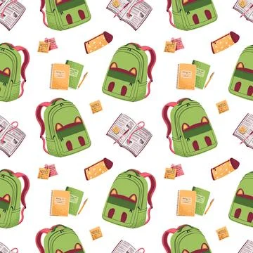 Seamless pattern with kids green backpack, textbooks, pencil case. School Illustrazione stock