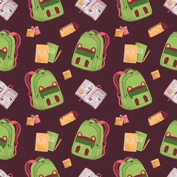 Seamless pattern with kids green backpack, textbooks, pencil case. School Illustrazione stock