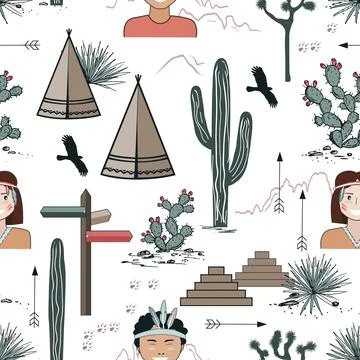 Seamless pattern with Kids in Native Indian headbands, tepee, and cacti. Saguaro Stock Illustration