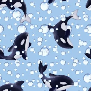 Seamless pattern of killer whales. Cartoon orcas Stock Illustration