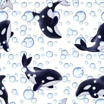 Seamless pattern of killer whales. Cartoon orcas Stock Illustration