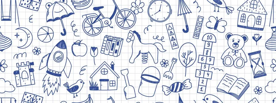 Seamless pattern with kindergarten doodle elements. Horse, hopscotch, toys, r Stock Illustration