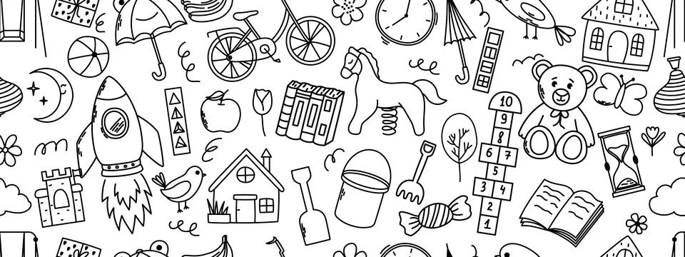 Seamless pattern with kindergarten doodle elements. Horse, hopscotch, toys,.. Stock Illustration
