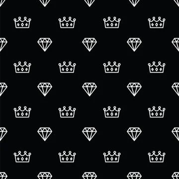 Seamless pattern king and queen crown and diamond outline on black background Illustrazione stock