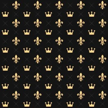 Seamless Pattern with King Crowns and Royal Heraldic Fleur de Lys Lily on Dark Stock Illustration