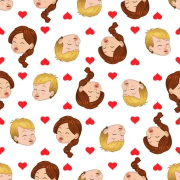 Seamless pattern of kissing boy and girl. Liking hearts envelops them. Vector Stock Illustration