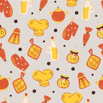 Seamless pattern with kitchen accessories. Utensil, cooking background. Potho Stock Illustration