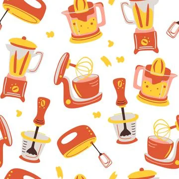 Seamless pattern with kitchen appliances. Household cooking tools - Mixer, Ju イラスト素材