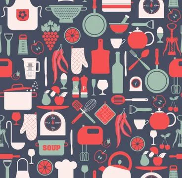 Seamless pattern of kitchen on blue Stockillustratie