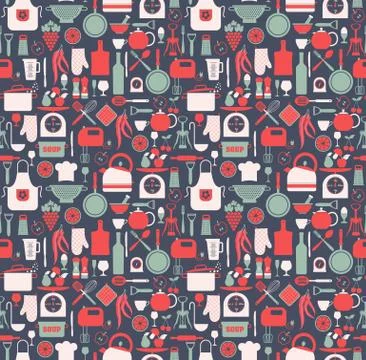 Seamless pattern of kitchen on blue Stockillustratie