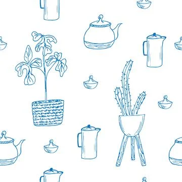 Seamless pattern kitchen with coffee pot and teapots.vector illustration Stock Illustration