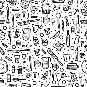 Seamless pattern of  kitchen equipments in doodle style. Vector endless backg Stock Illustration