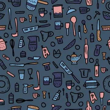 Seamless pattern of  kitchen equipments in doodle style. Vector endless backg Stock Illustration