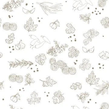 Seamless pattern of kitchen greens and spices Stock Illustration