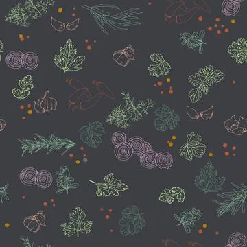 Seamless pattern of kitchen greens and spices Stock Illustration