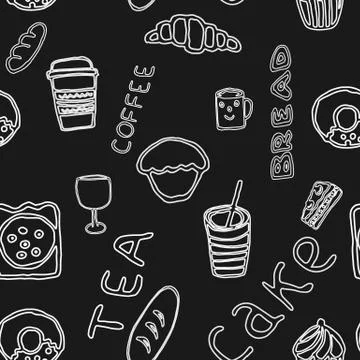 Seamless pattern of kitchen items and food Stockillustratie