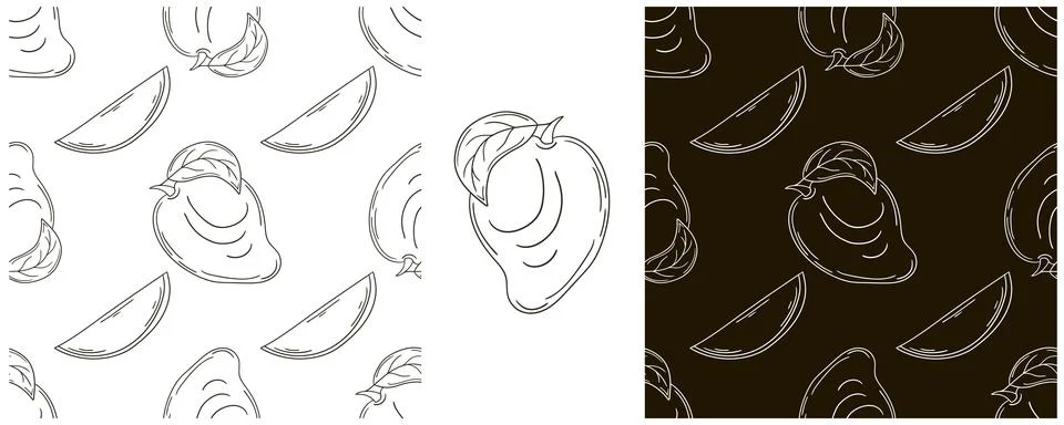Seamless pattern for kitchen, restaurant or shop. Mango. Monochrome Set in ha Stock Illustration