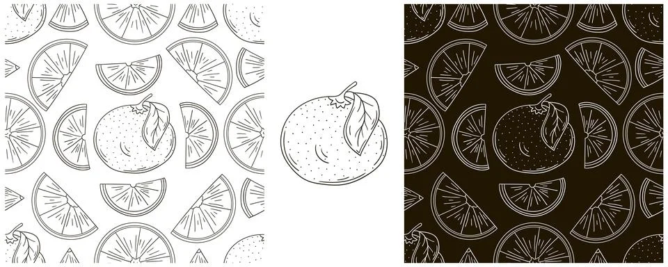 Seamless pattern for kitchen, restaurant or shop. Oranges. Set in hand draw s 스톡 일러스트