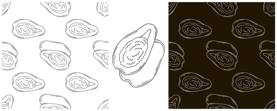 Seamless pattern for kitchen, restaurant or shop. Papaya, melon tree. Monochr Stock Illustration