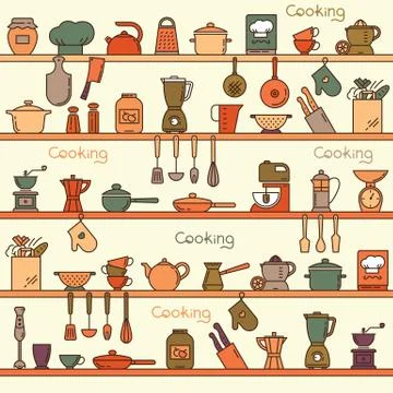 Seamless pattern with kitchen shelves full of various kitchen items and tools. Stock Illustration