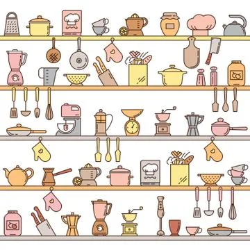 Seamless pattern with kitchen shelves full of various kitchen items and tools. Stock Illustration