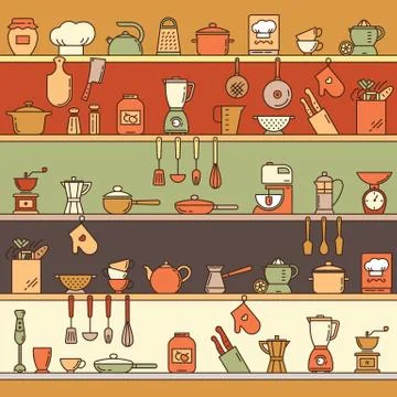Seamless pattern with kitchen shelves full of various kitchen items and tools. Stock Illustration
