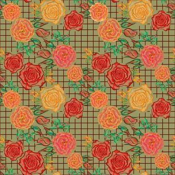 Seamless pattern for kitchen textiles. Roses on the background of the cage Stock Illustration