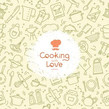 The seamless pattern on the kitchen theme with a variety of kitchen items. Stock Illustration