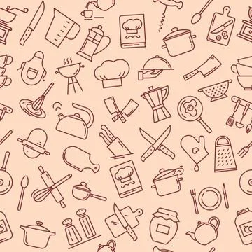 The seamless pattern on the kitchen theme with a variety of kitchen items. Stock Illustration