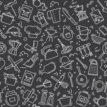 The seamless pattern on the kitchen theme with a variety of kitchen items. Stock Illustration