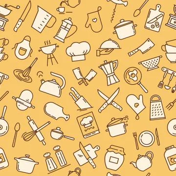 The seamless pattern on the kitchen theme with a variety of kitchen items. Stock Illustration