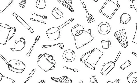 Seamless pattern of Kitchen tools and tableware doodle icon. Vector illustrat Stock Illustration