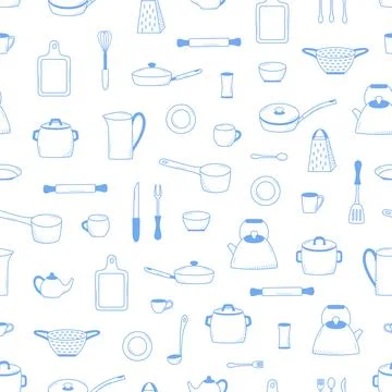 Seamless pattern of Kitchen tools and tableware doodle icon. Vector illustrat Stock Illustration