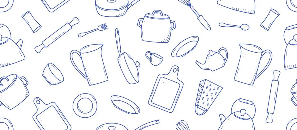 Seamless pattern of Kitchen tools and tableware doodle icon. Vector illustr.. Stock Illustration