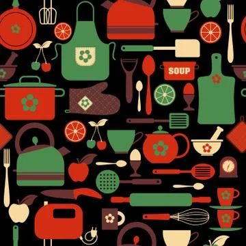 Seamless pattern kitchen tools bright surface print. Stock Illustration