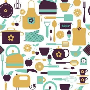 Seamless pattern kitchen tools bright surface print. Stock Illustration