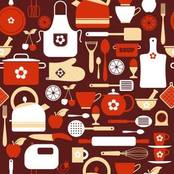 Seamless pattern kitchen tools bright surface print. Stock Illustration