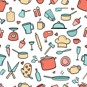 Seamless pattern with kitchen tools doodles. Vector illustration for restaurant Stock Illustration