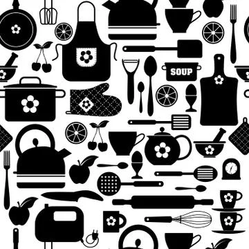 Seamless pattern kitchen tools surface print on white. Stock Illustration