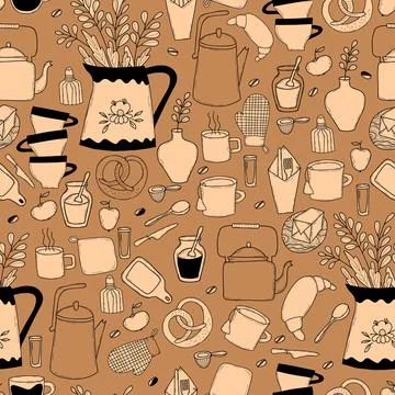 Seamless pattern with kitchen utensils and food. Kitchenware, kettles and a sauc Stockillustratie